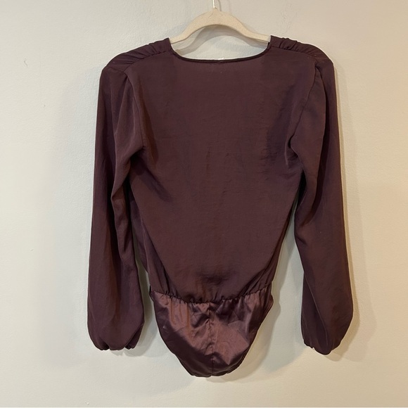 Urban Outfitters Out From Under Gigi Satin Maroon Long Sleeve V-Neck Bodysuit - Picture 7 of 8